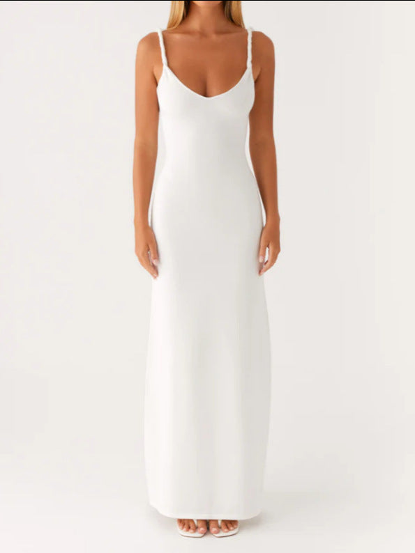 Damen Langarm-Maxikleid aus hochwertigem, elastischem Material mit tiefem V-Ausschnitt und eleganten Spaghetti-Trägern EB
