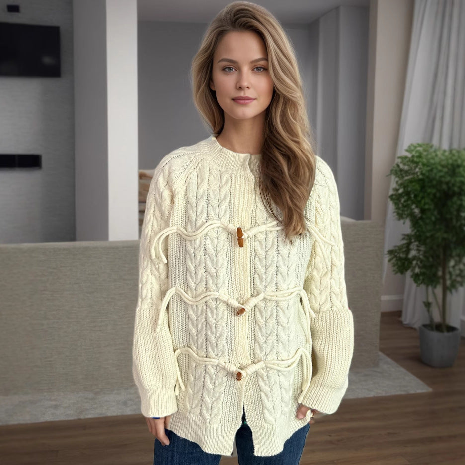 Damen Strickjacke mit innovativem Bindeband und Knopfdetails EB