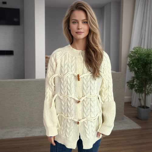 Damen Strickjacke mit innovativem Bindeband und Knopfdetails EB
