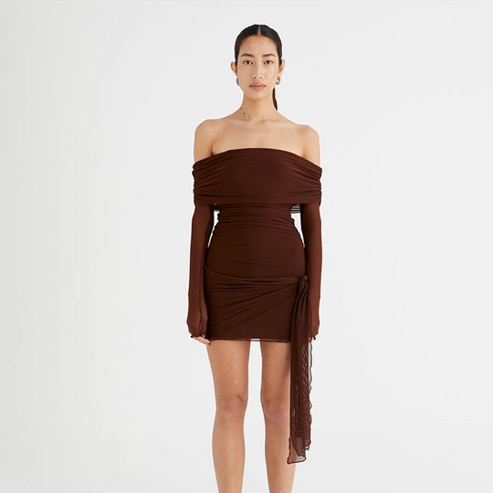 Damen Off-Shoulder Minikleid mit Drapierung und transparenten Ärmeln EB