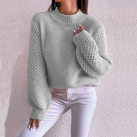 Damen kuscheliger Strickpullover mit hohem Kragen und strukturiertem Muster EB