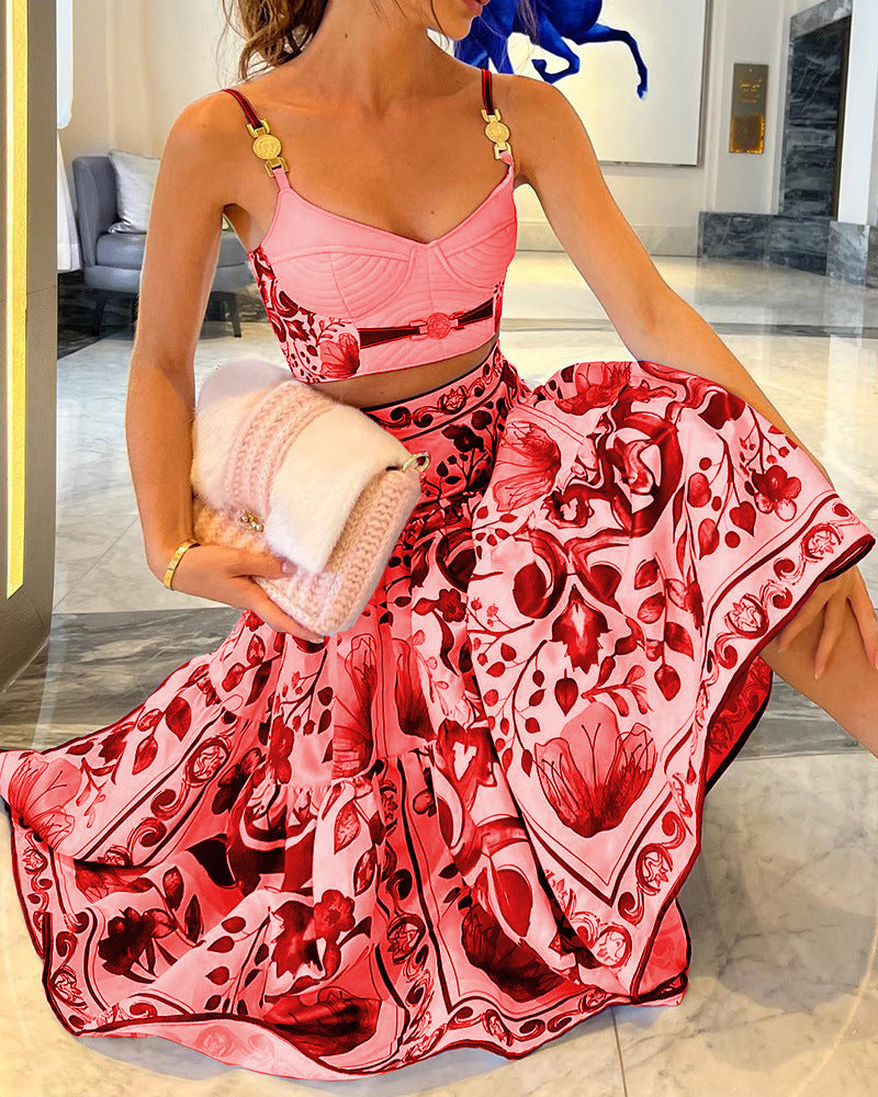 Damen Zweiteiliges Kleidungsset mit floralem Design und modischem Bustier EB