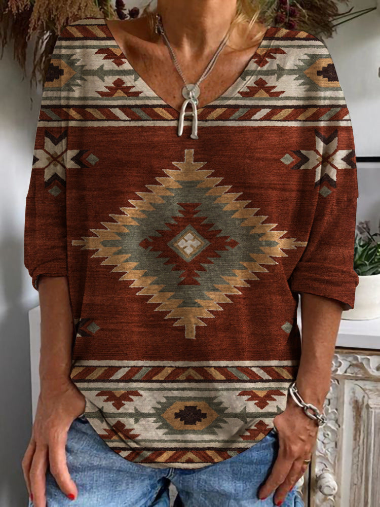 Damen Aztekisch gemustertes Oversize-Tunika-Top mit V-Ausschnitt und dreiviertel-Ärmeln EB