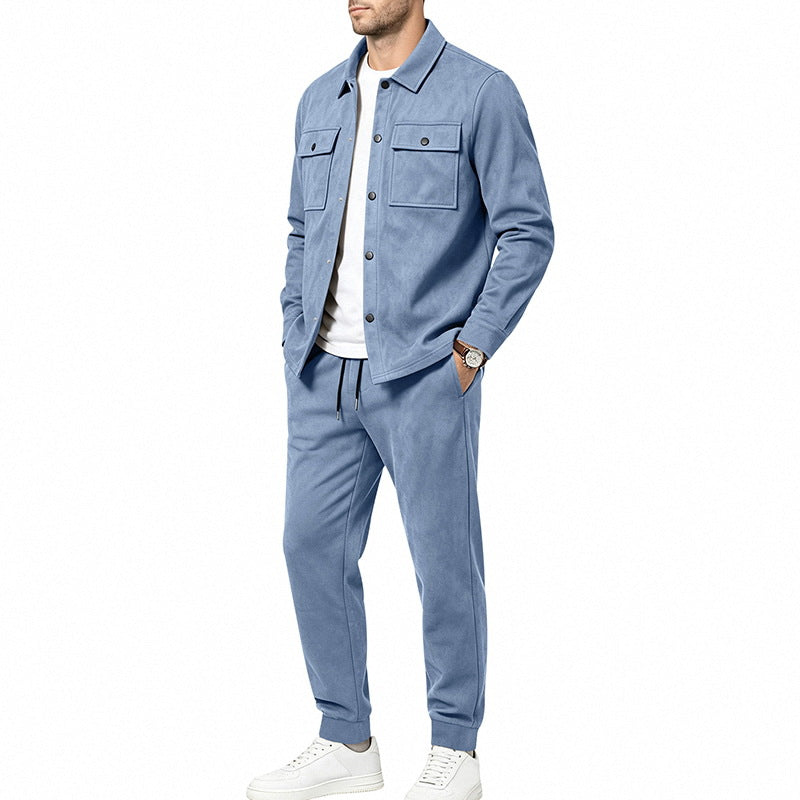 Herren nan Velours-Lounge-Set mit Overshirt, aufgesetzten Brusttaschen und tapered Jogginghose EB