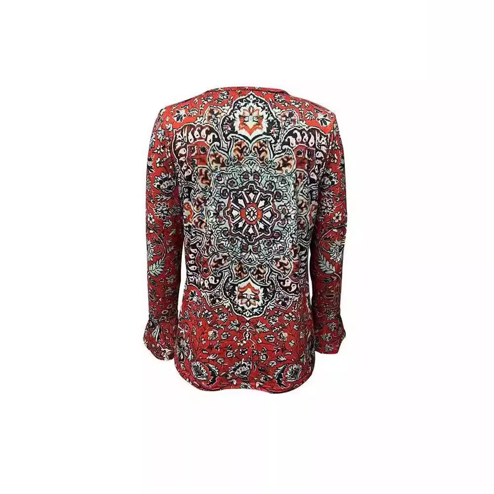 Damen Langarm-Bluse mit ornamentalem Mandala-Print und V-Ausschnitt EB