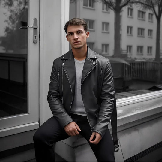 Herren Kunstleder Bikerjacke mit Steppnähten