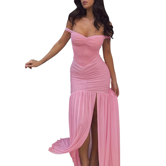 Damen elegantes Maxikleid mit Off-Shoulder-Design und raffinierten Raffungselementen EB