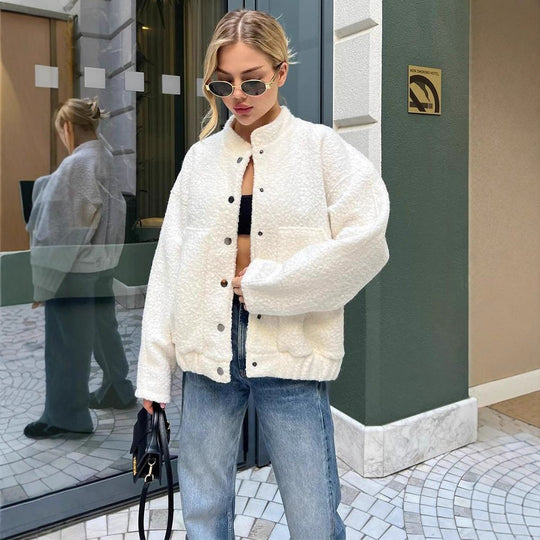 Damen Oversized Fleecejacke mit Druckknöpfen und praktischen Taschen EB