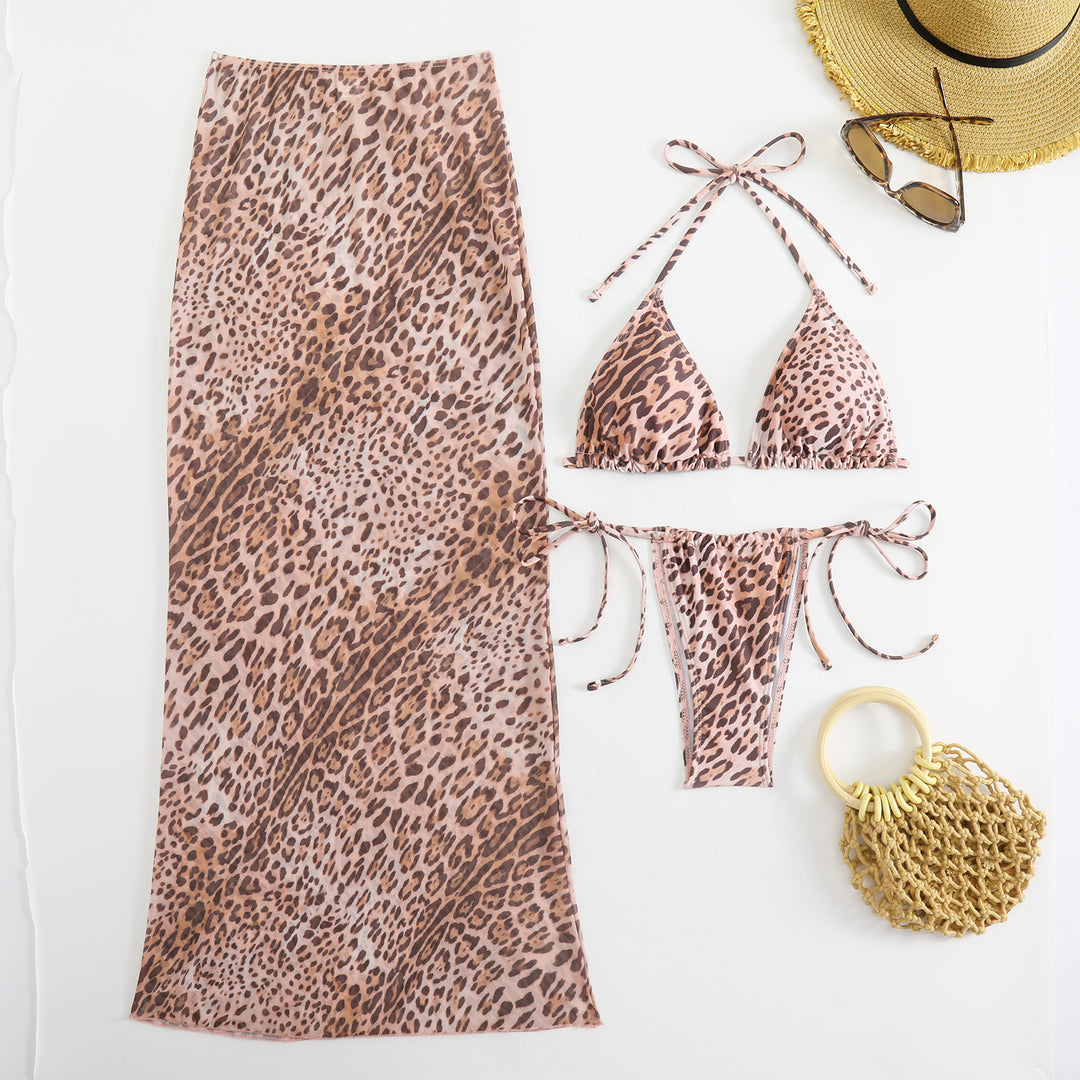 Damen Triangel-Bikini-Set mit transparentem Wickelrock und animalischem Print EB