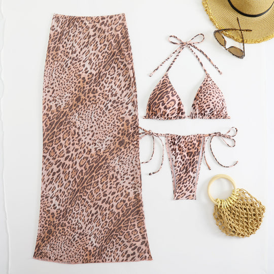 Damen Triangel-Bikini-Set mit transparentem Wickelrock und animalischem Print EB