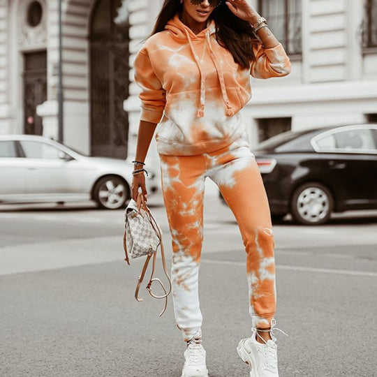 Damen lässiges Kapuzen-Sweatpants-Set im Batikdesign EB
