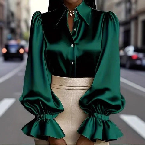 Damen elegante Seidenbluse mit Puffärmeln und schicker Knopfleiste EB