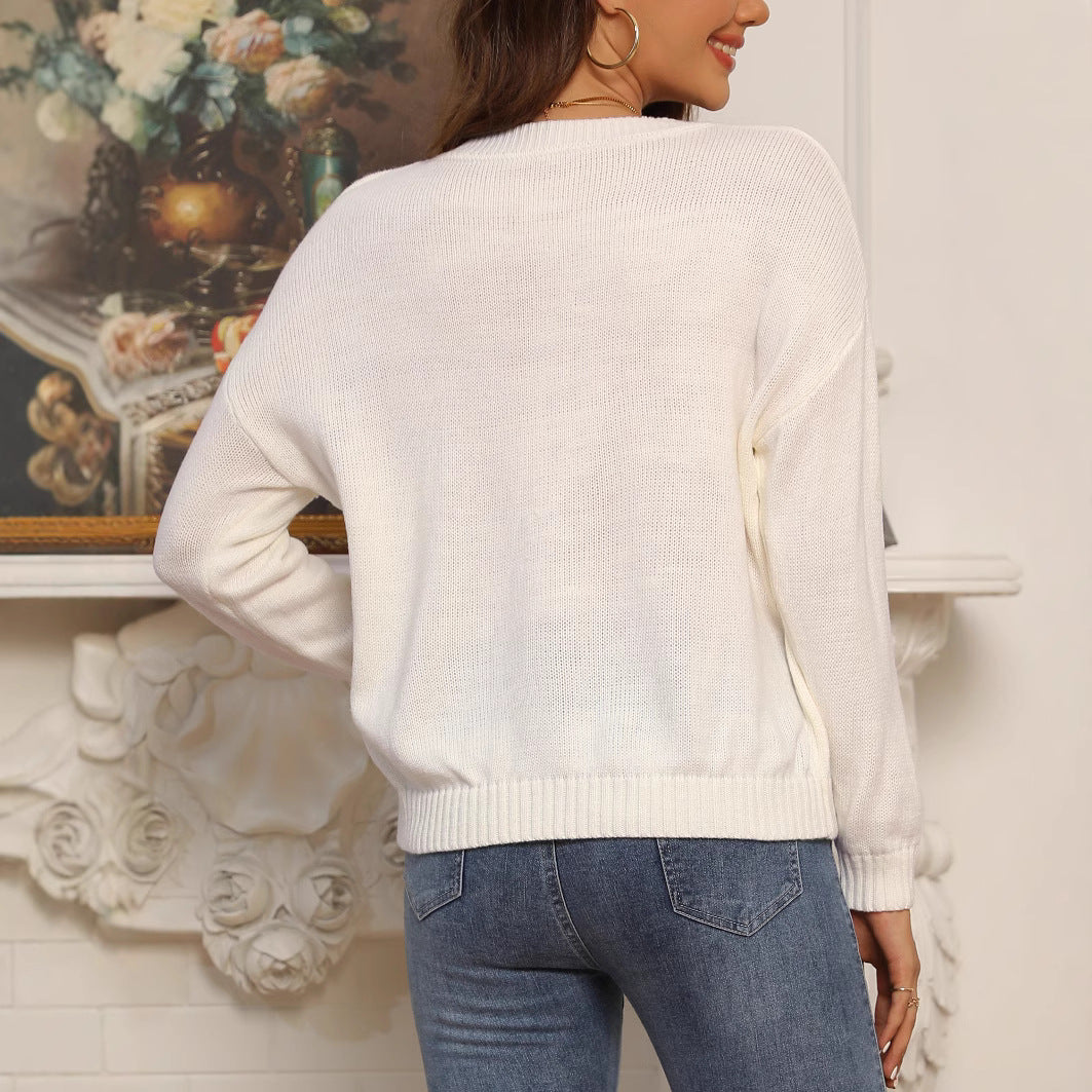 Damen V-Ausschnitt Strickpullover mit lässiger Passform und geripptem Saum EB