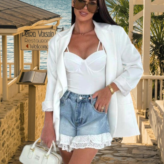 Damen Denim-Shorts mit verspieltem Rüschensaum und hohem Taillenbund EB