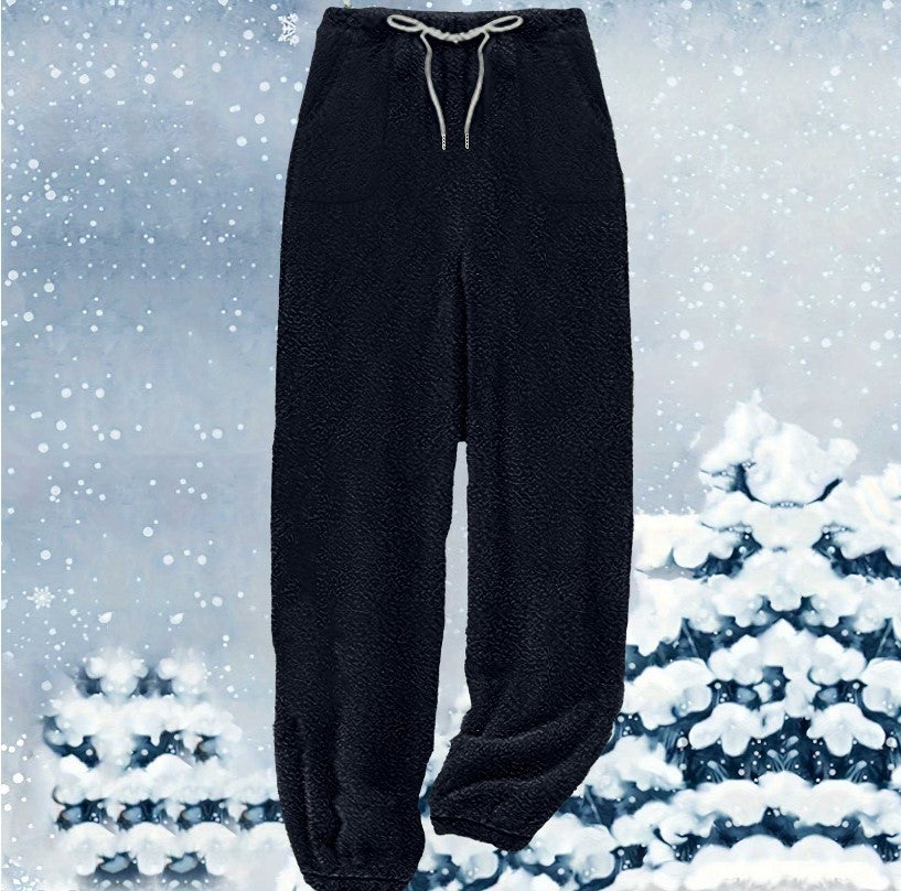 Damen nan kuschelige Sherpa-Fleece Loungehose mit Kordelzug, hoher Taille und elastischen Bündchen EB
