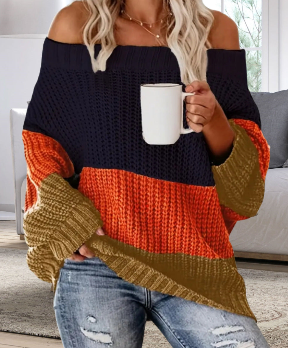 Damen Lässiger Overzise-Strickpullover mit Off-Shoulder-Ausschnitt und angesagtem Farbblockdesign EB