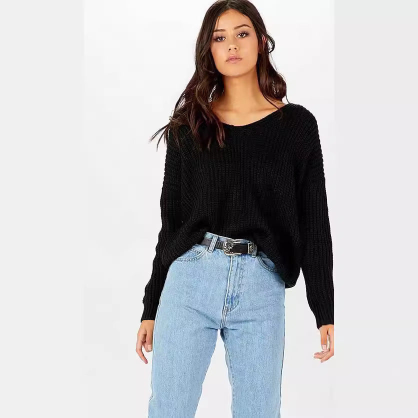 Damen lässiger Strickpullover mit dekorativem Rückenausschnitt und Kordelzug EB