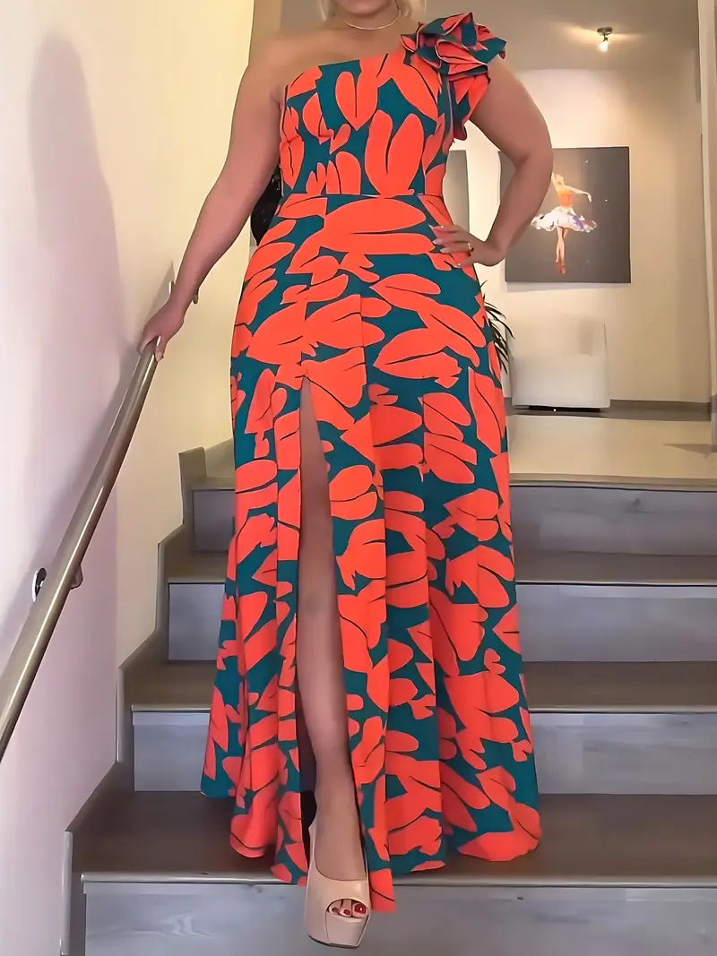 Damen Maxikleid mit asymmetrischen Rüschen und hohem Schlitz EB