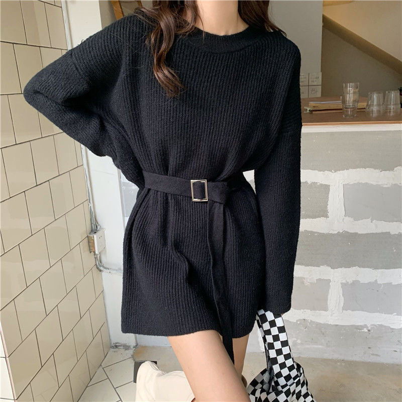 Damen Strickkleid mit Taillengürtel und weitem Schnitt EB