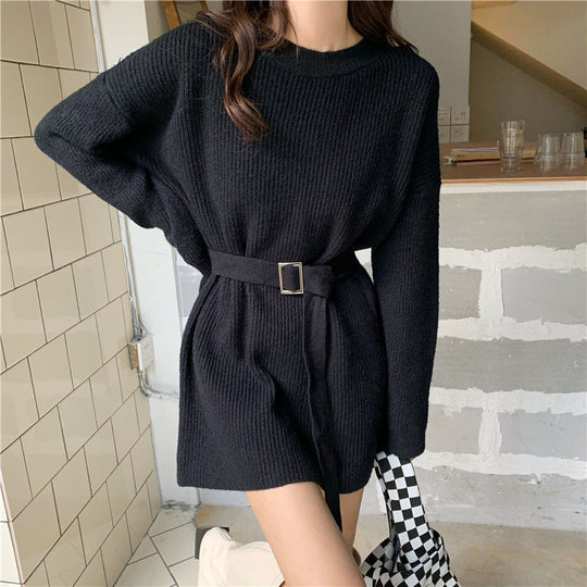Damen Strickkleid mit Taillengürtel und weitem Schnitt EB