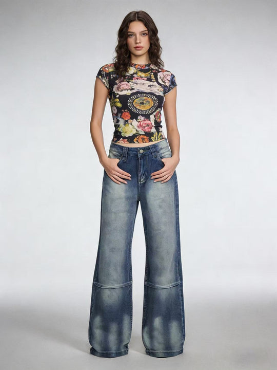Damen Schlagjeans mit weitem Bein und modischen Waschungseffekten EB