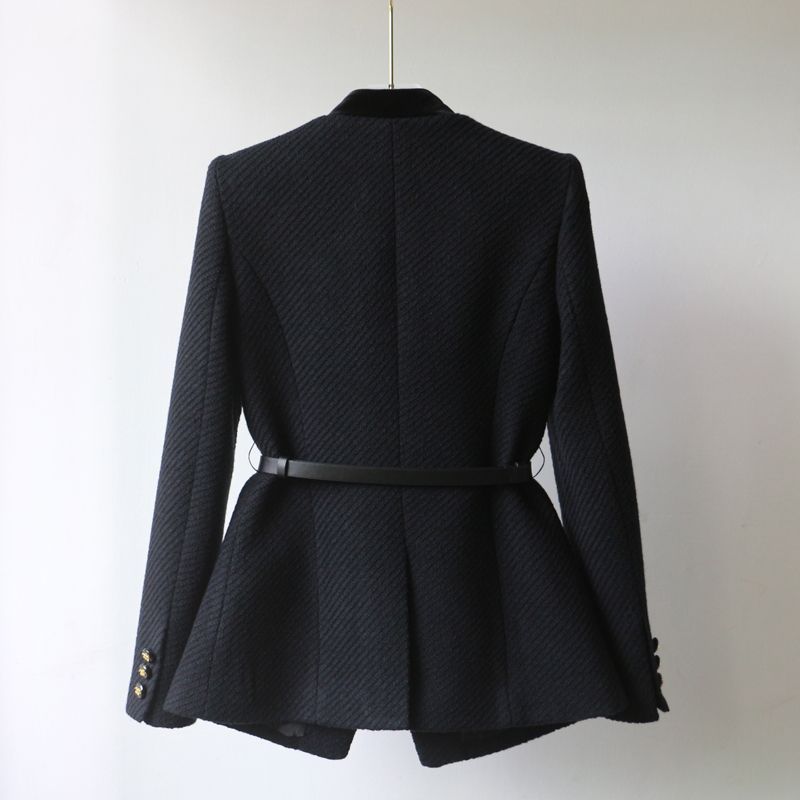 Damen Elegante Bouclé-Blazerjacke mit Samtbesatz und Taillengürtel EB