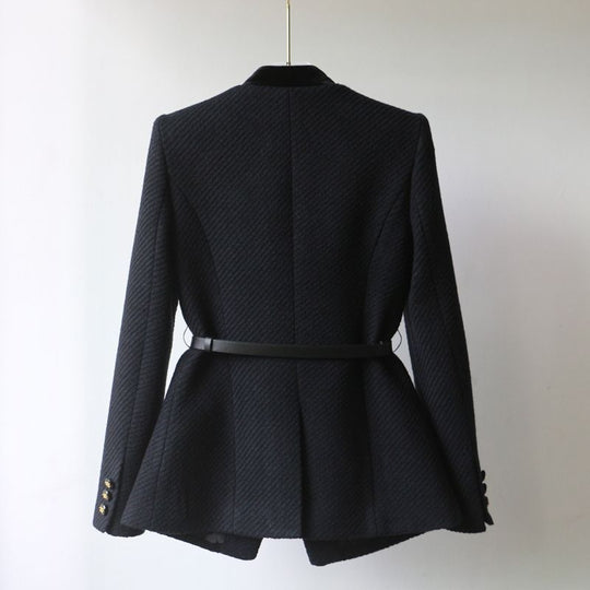 Damen Elegante Bouclé-Blazerjacke mit Samtbesatz und Taillengürtel EB