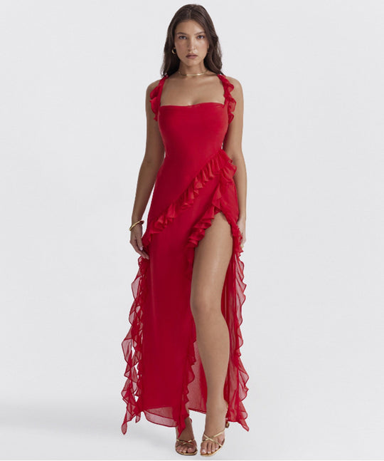Damen Maxikleid mit verführerischen Rüschen und hohen Schlitz Heidi-Mode
