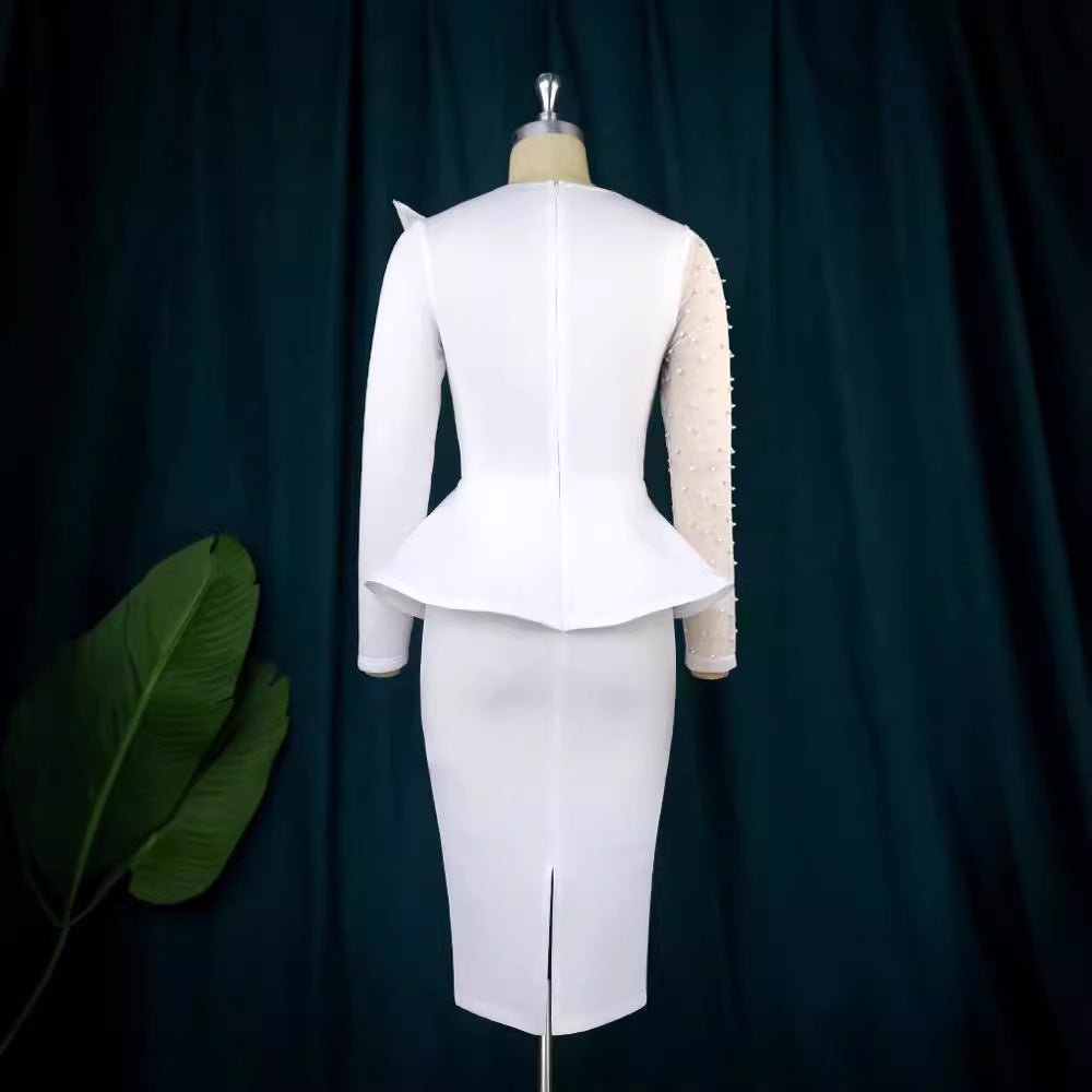 Damen Etuikleid mit transparenten Puffärmeln und dekorativem Peplum EB