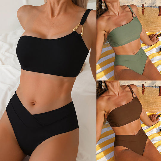 Damen Hochtailliertes Bikini-Set mit asymmetrischem Oberteil EB