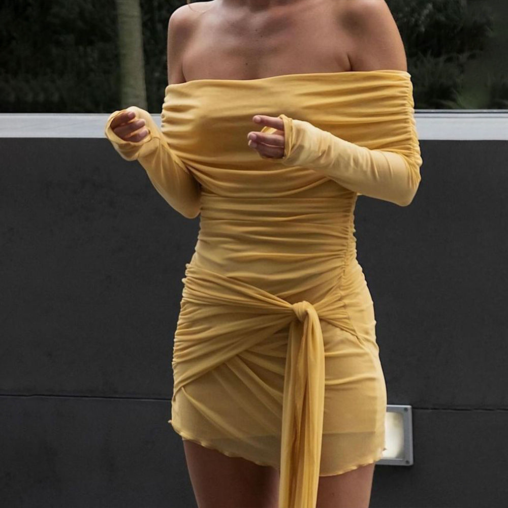 Damen Off-Shoulder Minikleid mit Drapierung und transparenten Ärmeln EB