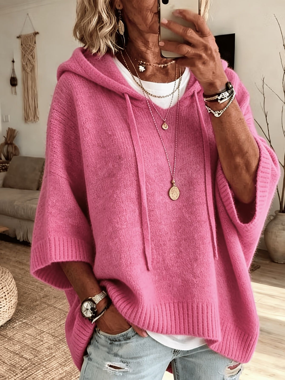 Damen nan Oversize Strickponcho mit Kapuze und kurzen Ärmeln EB