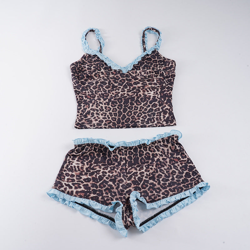 Damen Pyjama-Set mit verspieltem Leopardenmuster und Rüschendetails EB
