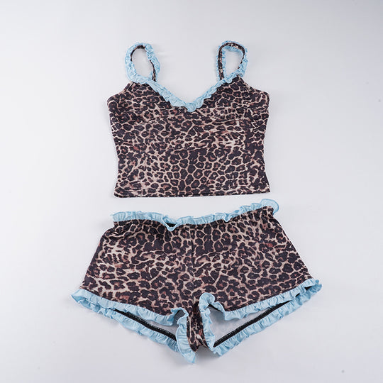 Damen Pyjama-Set mit verspieltem Leopardenmuster und Rüschendetails EB