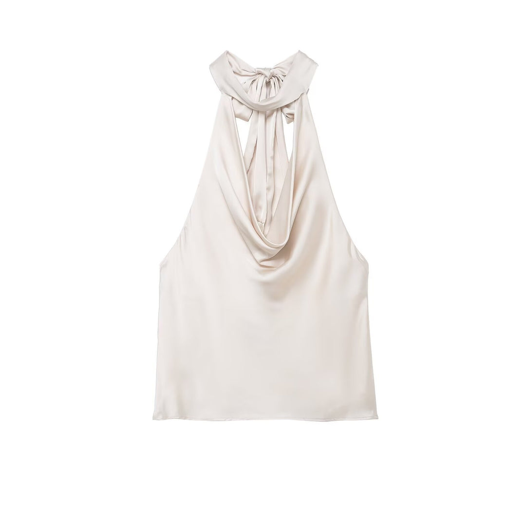 Damen elegantes Haltertop aus fließendem Satin mit dekorativem Rückenausschnitt EB