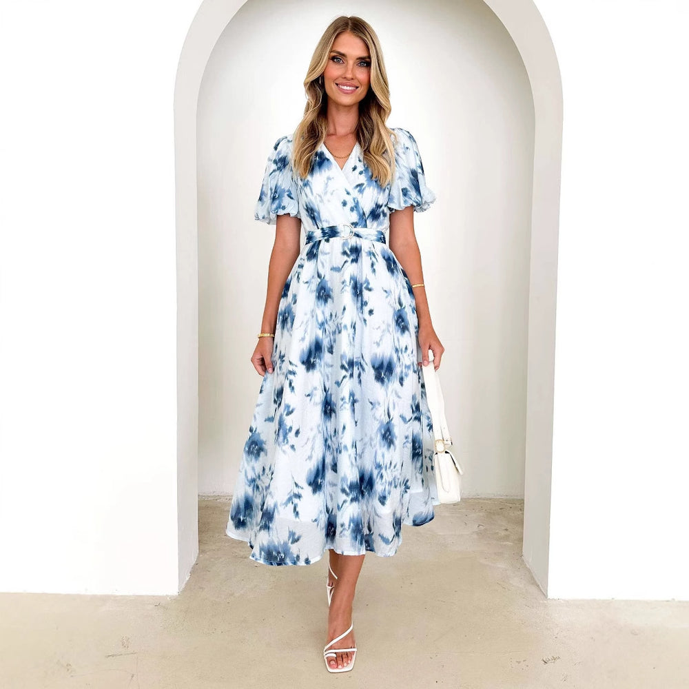 Damen Maxi-Kleid im lässigen Wickelstil mit voluminösen Ärmeln und Taillengürtel EB
