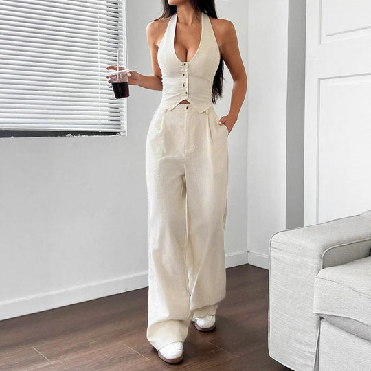 Damen Crop-Top und Weite Hosen Ensemble EB