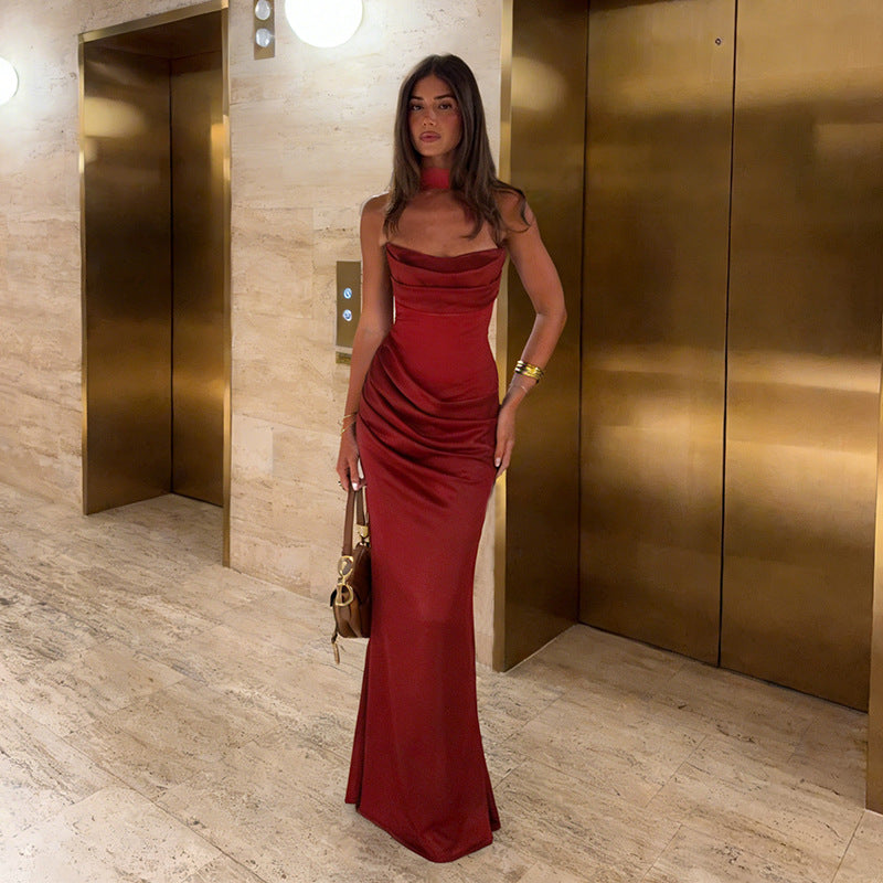 Damen elegantes Maxikleid mit raffiniertem Wasserfallausschnitt und figurbetontem Schnitt EB