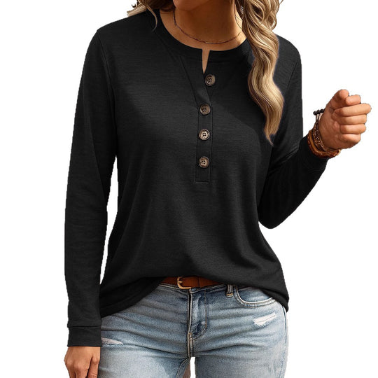 Damen Langarm-Henleyshirt mit Knopfleiste und Notch-Ausschnitt EB