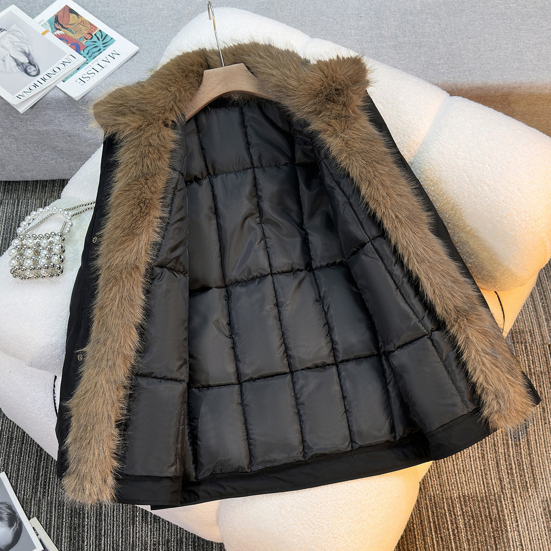 Damen nan mittellanger winddichter Winterparka mit abnehmbarem Kunstfellkragen, wattierter Innenblende und asymmetrischem Saum EB