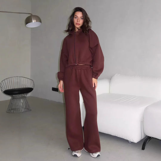 Damen Oversize Sweatset mit Reißverschluss Bomberjacke und Highwaist Jogginghose EB