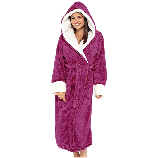 Damen Kuscheliger Fleece-Morgenmantel mit Kapuze und Gürtel EB