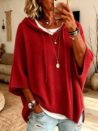 Damen nan Oversize Strickponcho mit Kapuze und kurzen Ärmeln EB