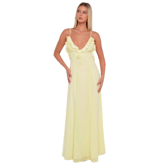 Damen Elegantes Maxikleid mit schulterfreier Rüschendekoration und taillierbarem Design EB