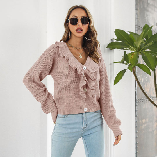Damen Strickjacke mit Rüschendetails und knöpfbarem Frontverschluss EB
