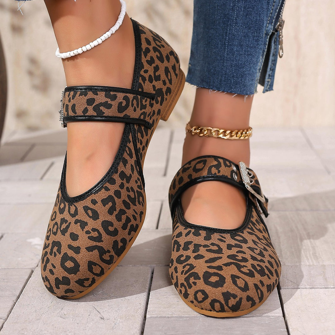 Damen Mary Jane Ballerinas mit modischem Leopardenmuster und bequemer Schnalle EB