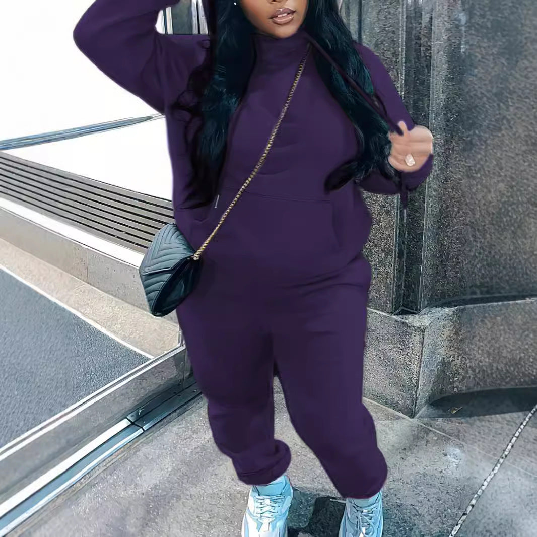 Damen nan kuscheliges Hoodie‑und Jogginghose Set mit hohem Kragen, Kängurutasche und tailliertem Bund EB