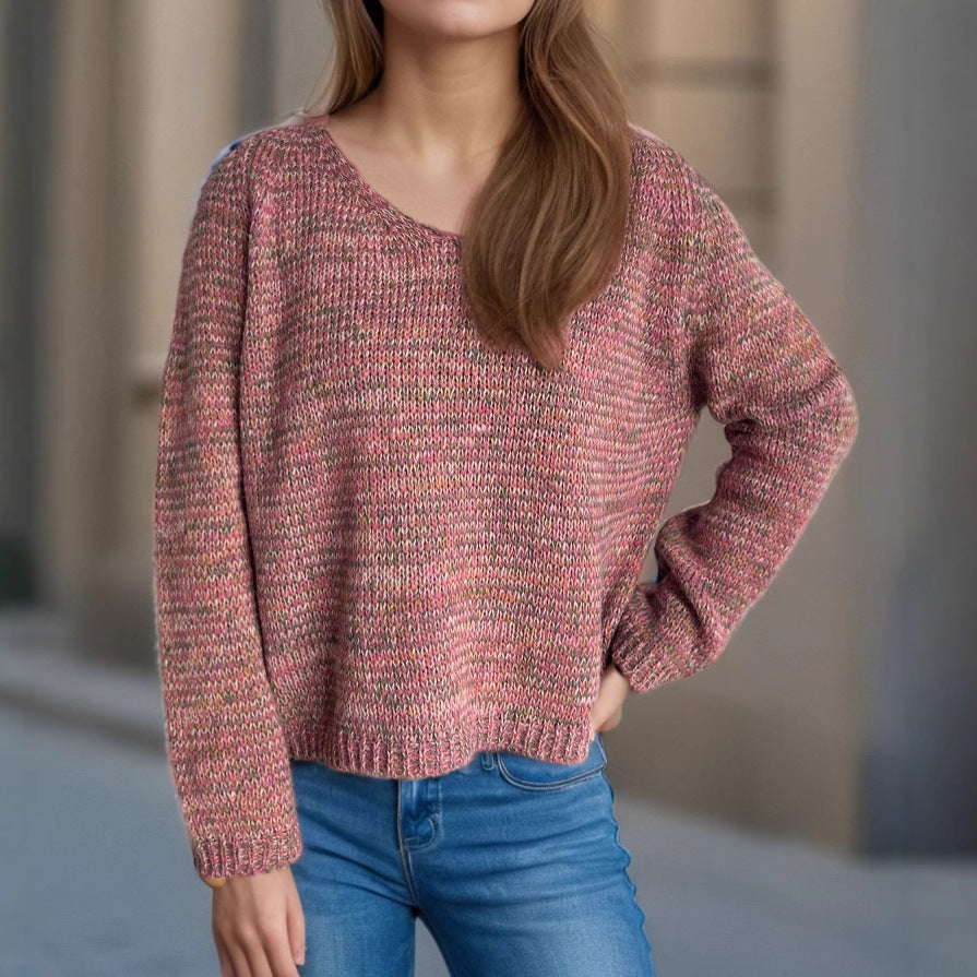 Damen lässiger V-Ausschnitt Pullover mit strukturiertem Maschenmuster EB