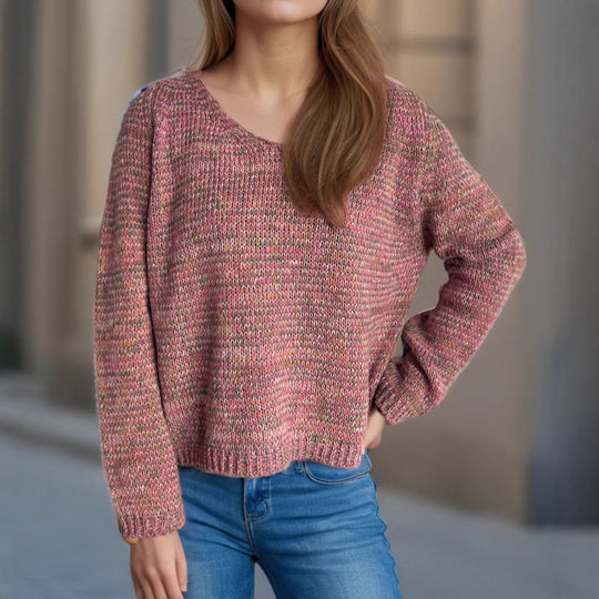 Damen lässiger V-Ausschnitt Pullover mit strukturiertem Maschenmuster EB