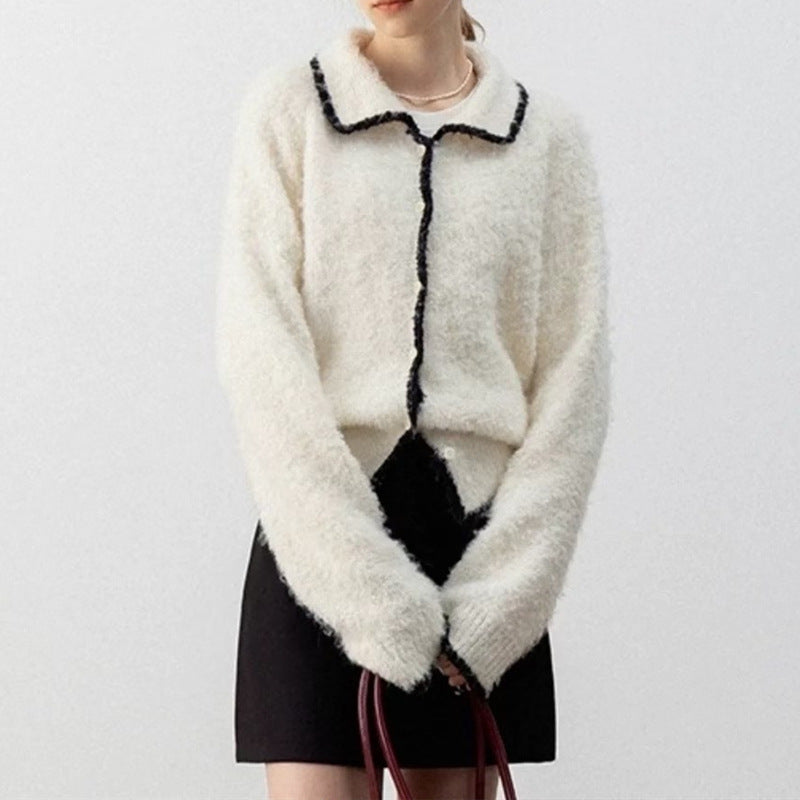 Damen kuscheliger Strickcardigan mit Kontrastdetails und kragen EB